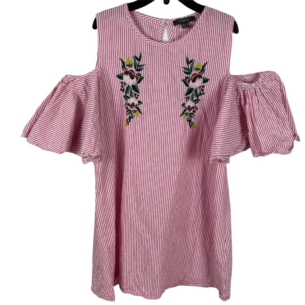 Primark Dress Mini Cold Shoulder Ruffled Seersucker Floral Embroidered Womens 10 - Picture 10 of 10